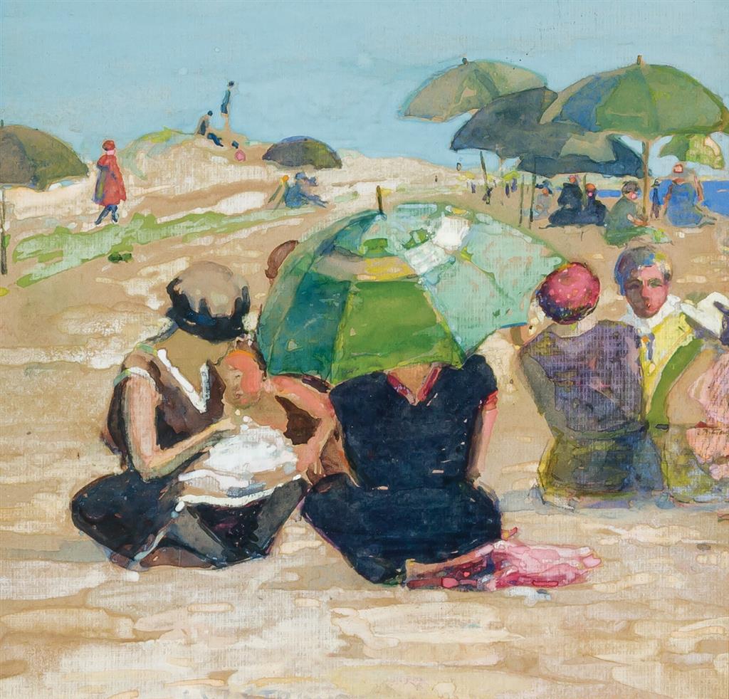 Appraisal: IDA WELLS STROUD American - Umbrellas on the Beach watercolor