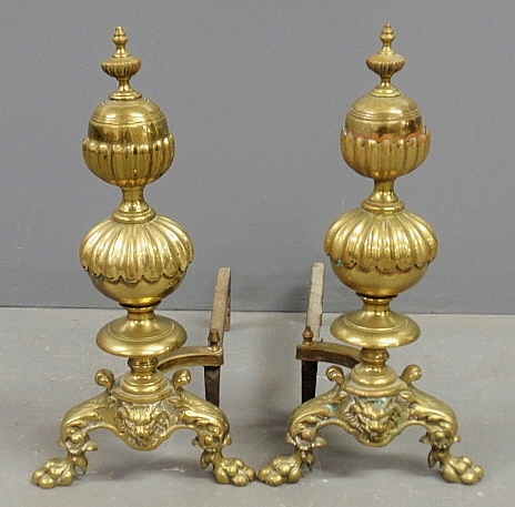 Appraisal: - Pair of brass andirons th c with leopard head