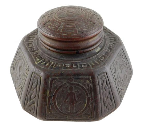 Appraisal: Tiffany Studios bronze Zodiac inkwell hinged lid with original glass