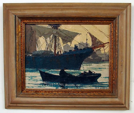 Appraisal: Ships in harbor oil on board x SLR Artist American