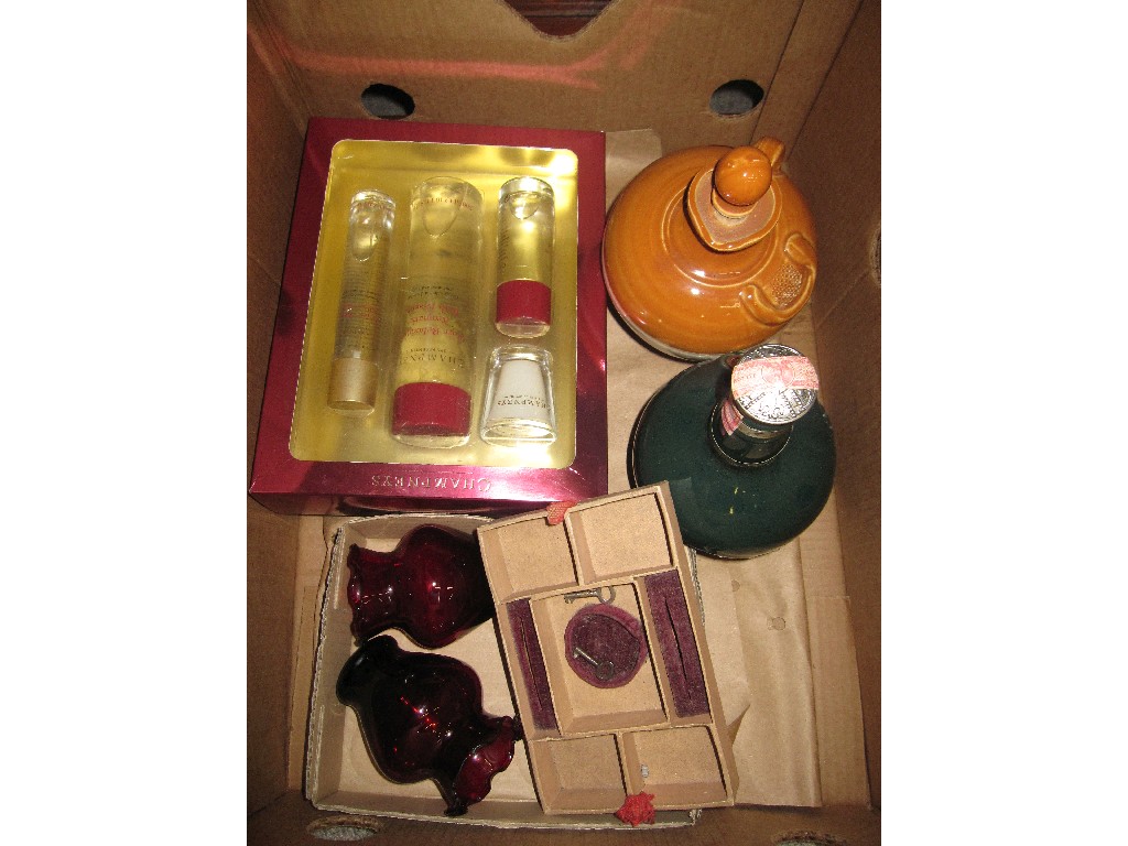 Appraisal: Box of miscellania - flagons perfume set etc