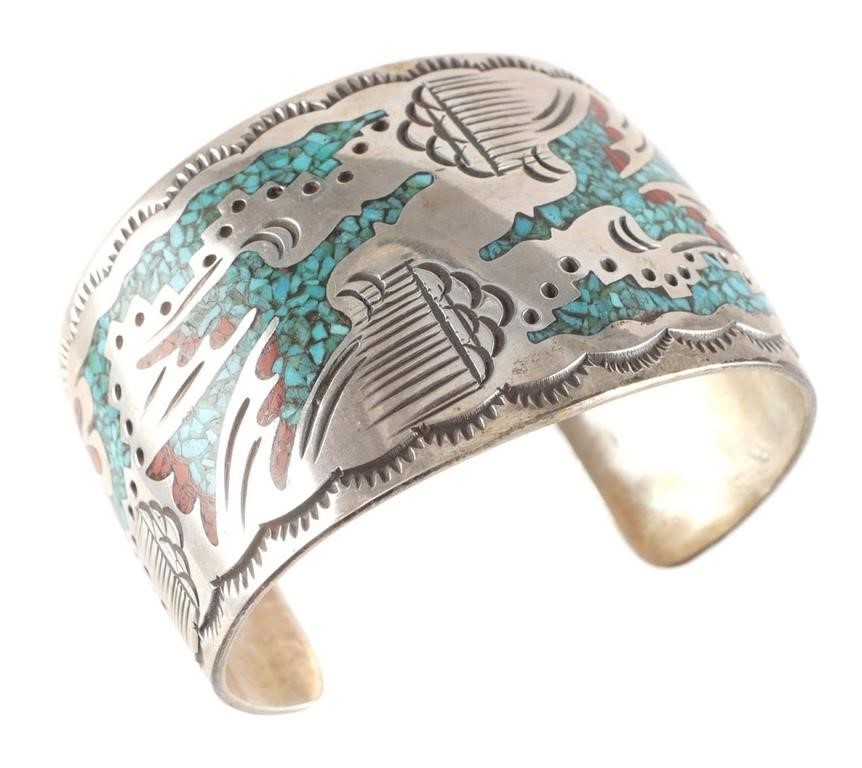 Appraisal: Turquoise coral and sterling silver bracelet by Navajo silversmith William