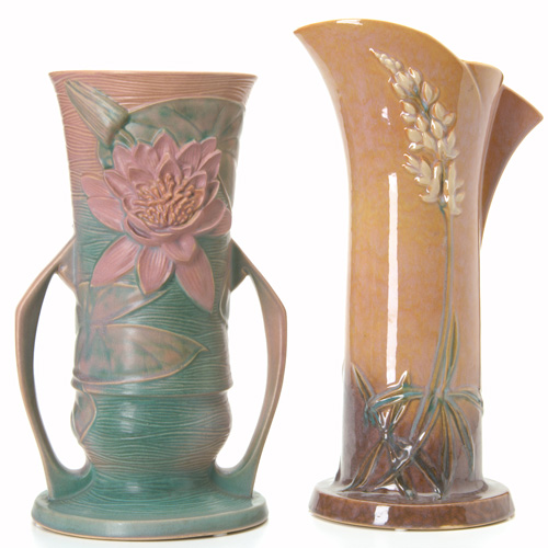 Appraisal: ROSEVILLE Two vases a pink Water Lily two-handled - and