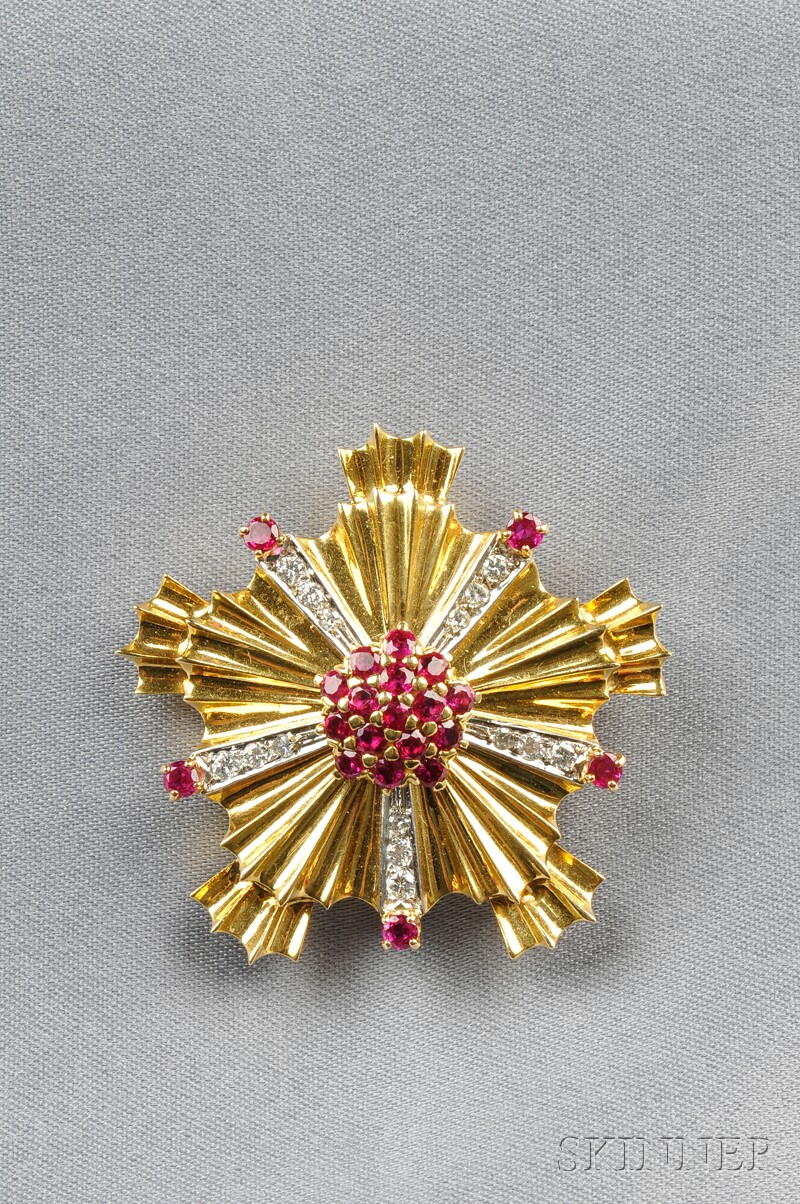 Appraisal: kt Gold Ruby and Diamond Brooch Tiffany Co centering a