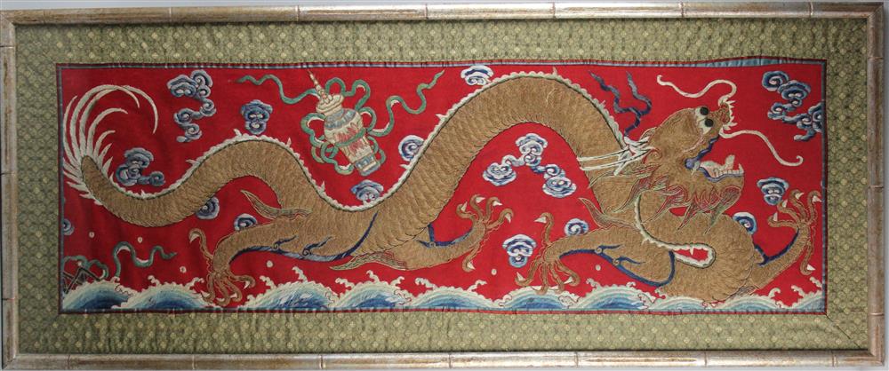 Appraisal: CHINESE EMBROIDERED FRAMED PANEL the rectangular panel sewn with a