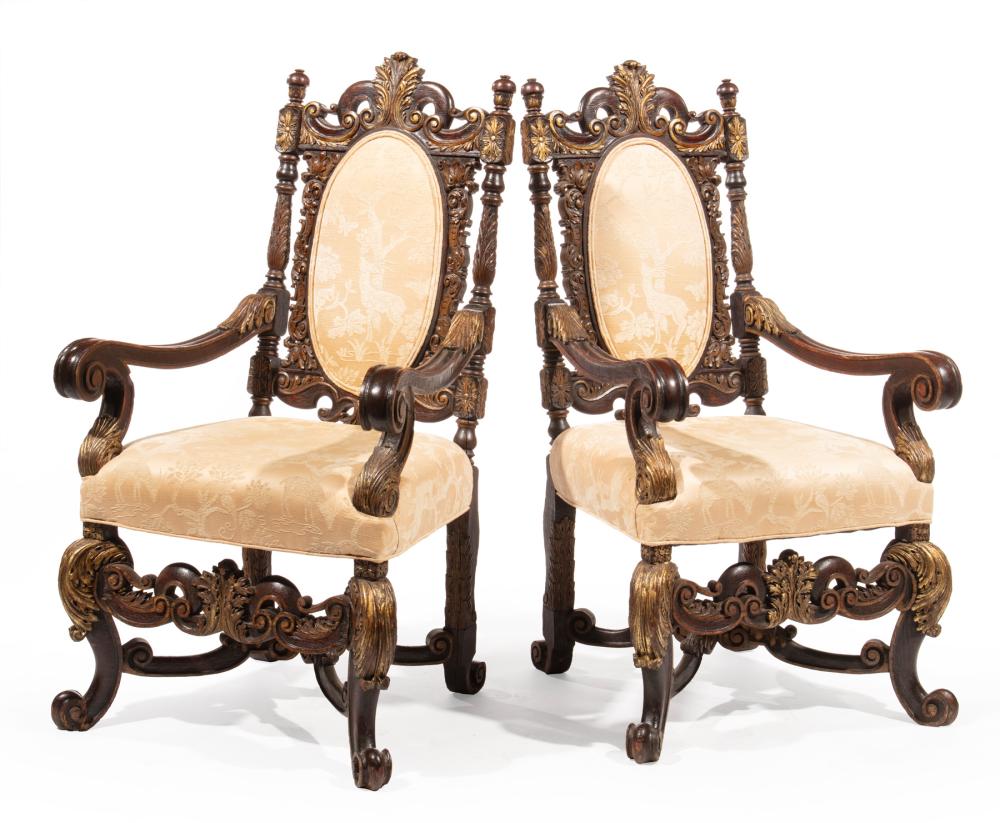 Appraisal: Pair of Antique Continental Renaissance-Style Carved Walnut and Parcel Gilt