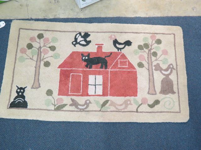 Appraisal: Handmade Hooked Rug cats birds house ivory field ' x