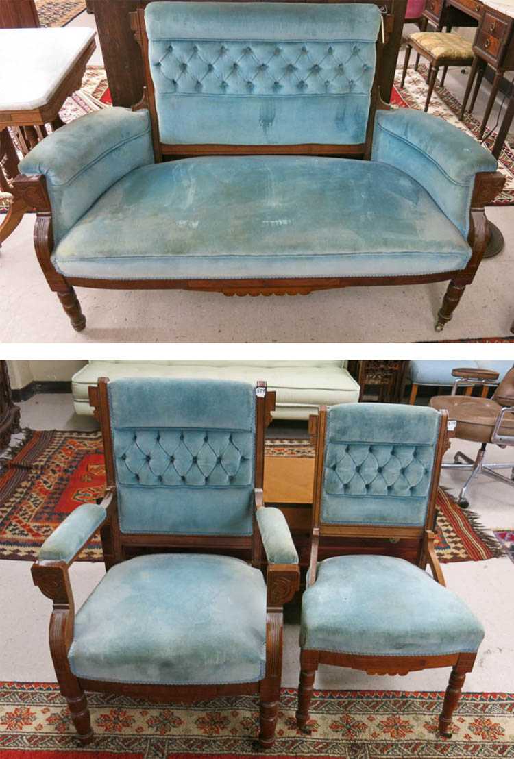 Appraisal: THREE-PIECE VICTORIAN PARLOR SET Eastlake style American c settee armchair