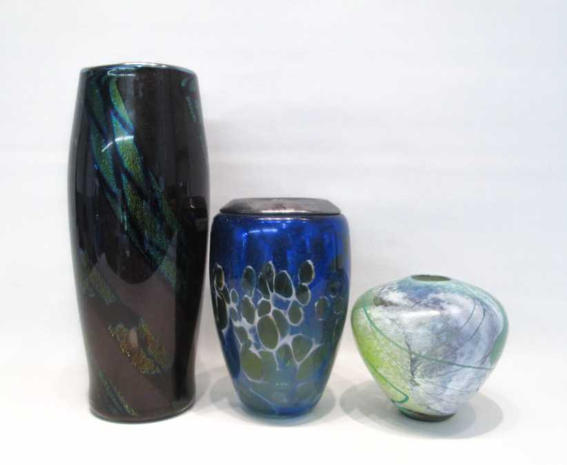 Appraisal: THREE STUDIO ART GLASS VASES various sizes shapes and motifs