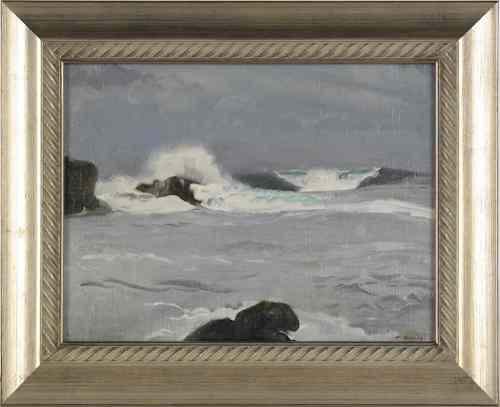 Appraisal: McClelland Barclay American - oil on canvasboard coastal scene signed