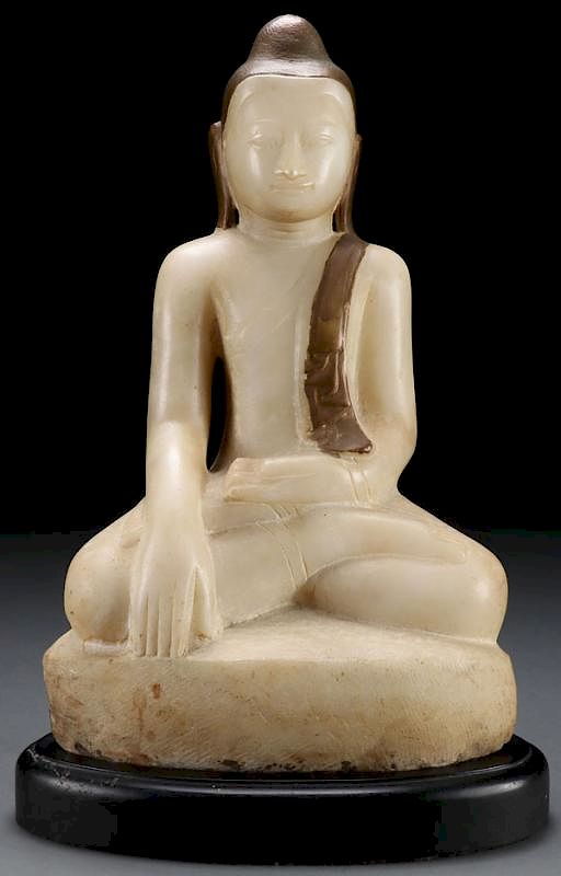 Appraisal: A WHITE MARBLE SEATED BUDDHA PROBABLY TH C A WHITE