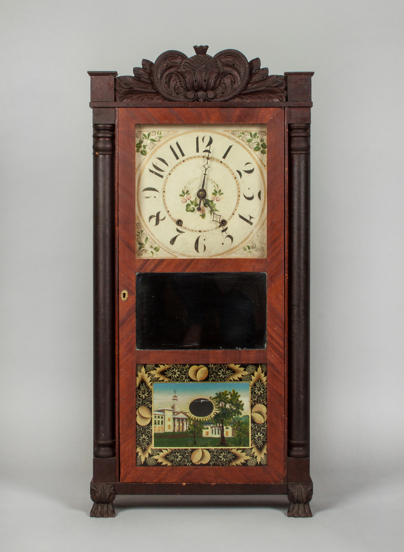 Appraisal: Shelf Clock Unknown Maker Mahogany case with carved crest paw