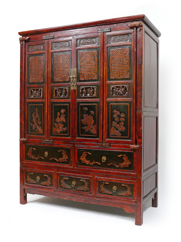 Appraisal: CHINESE RED LACQUER DOOR TEMPLE CABINET ON STAND Top section