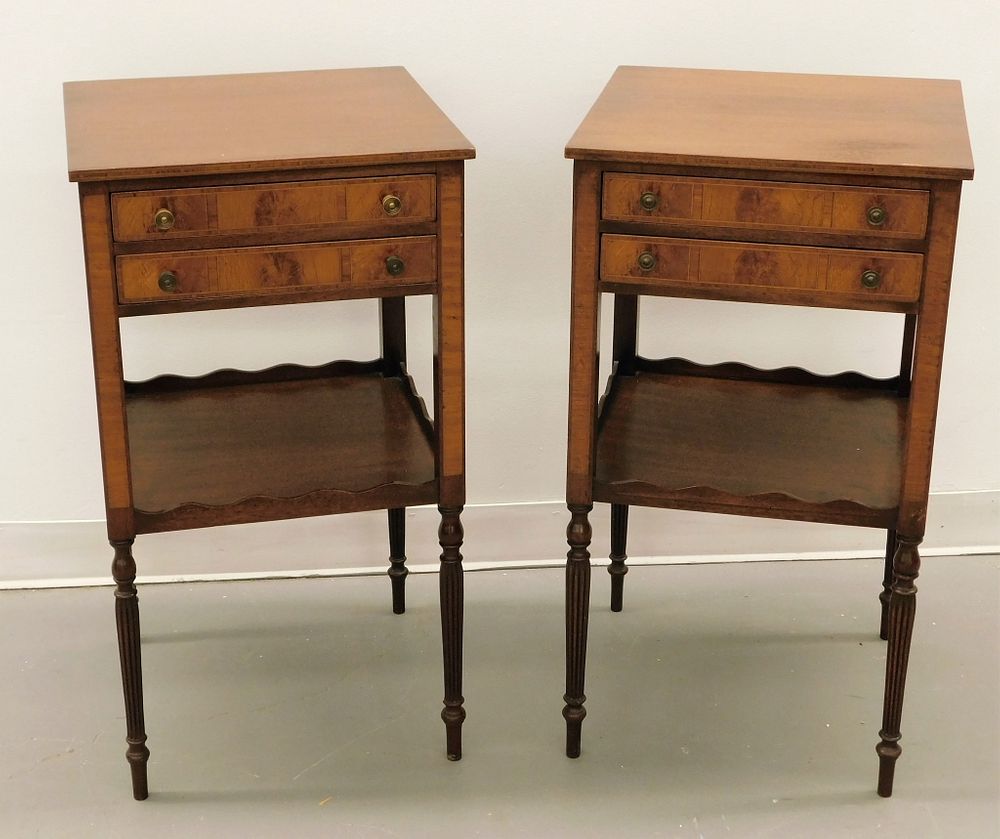 Appraisal: PR Federalist Style Two Drawer Inlaid Side Tables United States