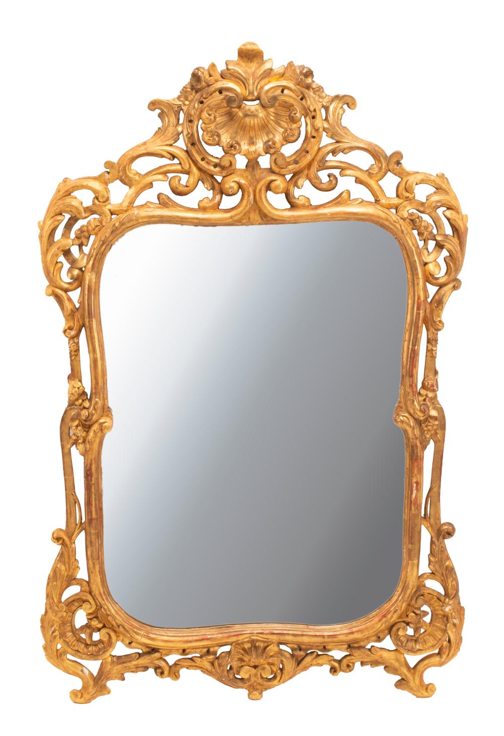 Appraisal: Antique Louis XV-Style Giltwood Mirror scrolled crest centering a shell