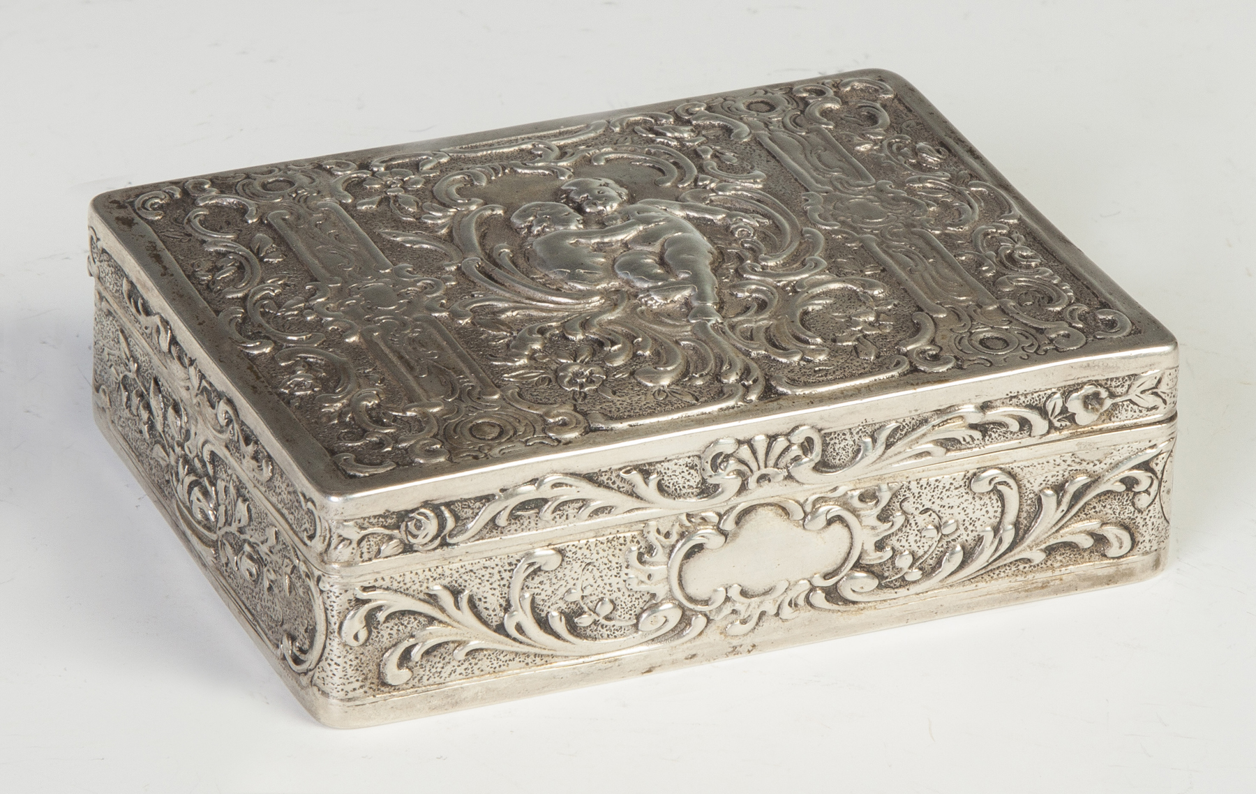 Appraisal: Victorian Repousse Silver Covered Box w Cherubs th cent