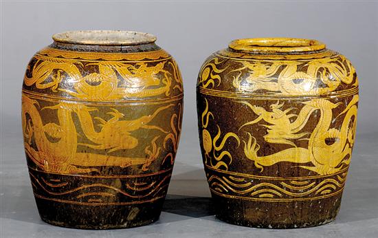 Appraisal: Two Chinese salt-glazed stoneware storage jars circa rolled rim over