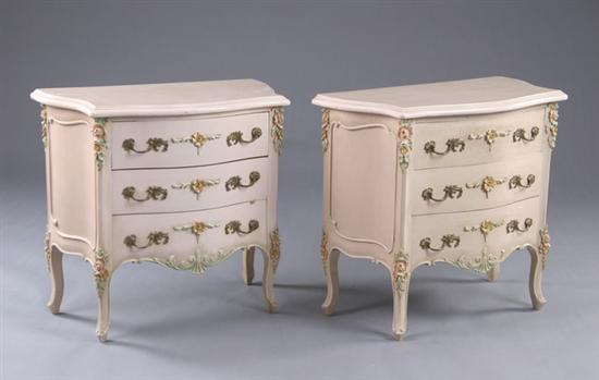 Appraisal: PAIR FRENCH PROVINCIAL NIGHT STANDS th century Each serpentine three-drawer