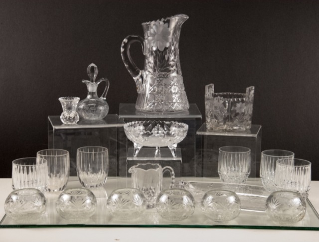 Appraisal: To include a large pressed etched glass pitcher crystal tumblers