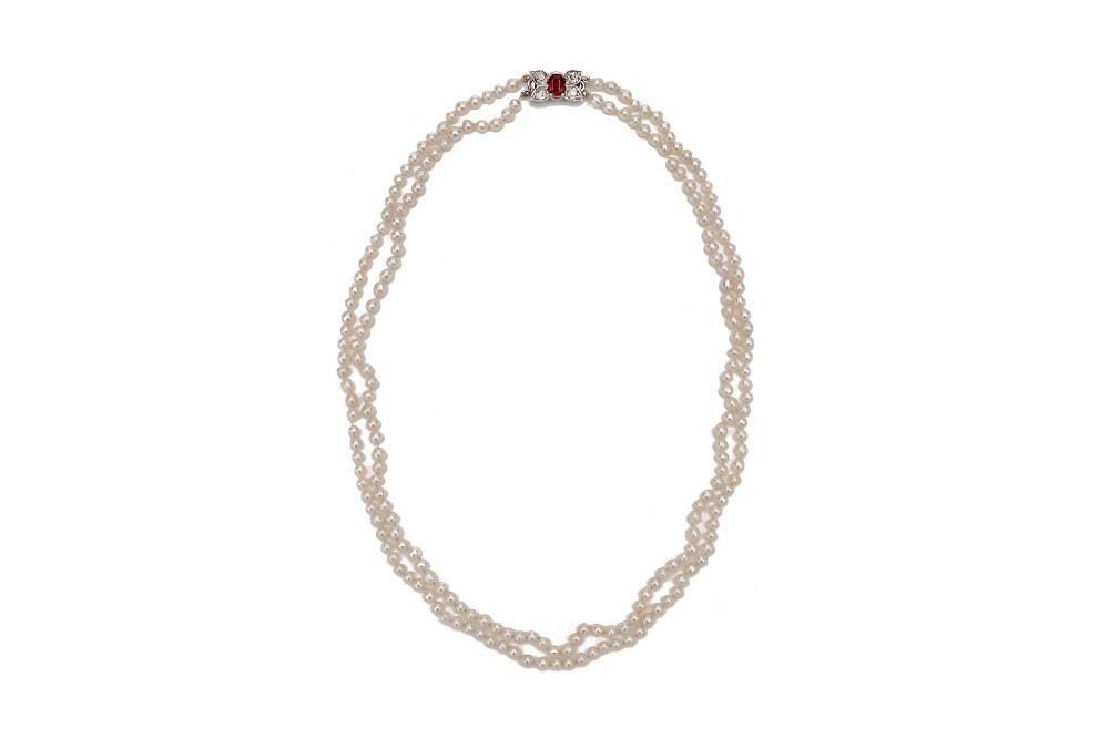 Appraisal: Double Strand Pearl Necklace with Platinum Ruby and Diamond Clasp