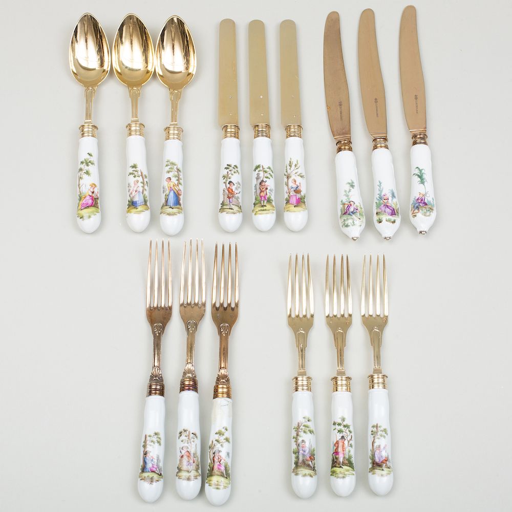 Appraisal: Assembled Set of French Silver and Meissen Porcelain Flatware Assembled