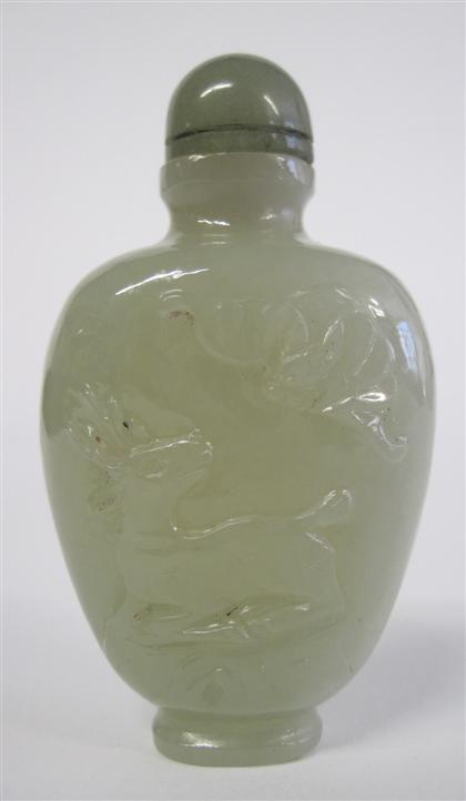 Appraisal: Chinese celadon jade carved snuff bottle The shouldered ovoid bottle