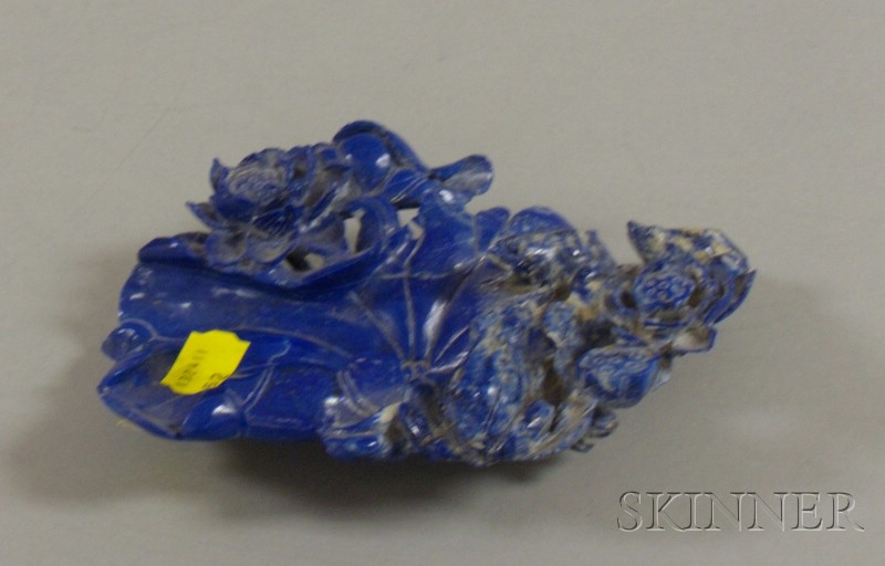 Appraisal: Asian Carved Lapis Lazuli Lotus Lily with Frogs Figural Writer's