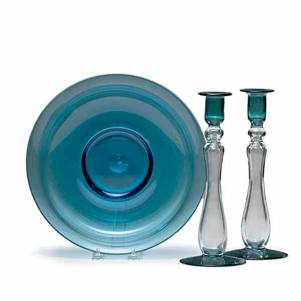 Appraisal: Steuben Celeste Blue Console Set American a console bowl in