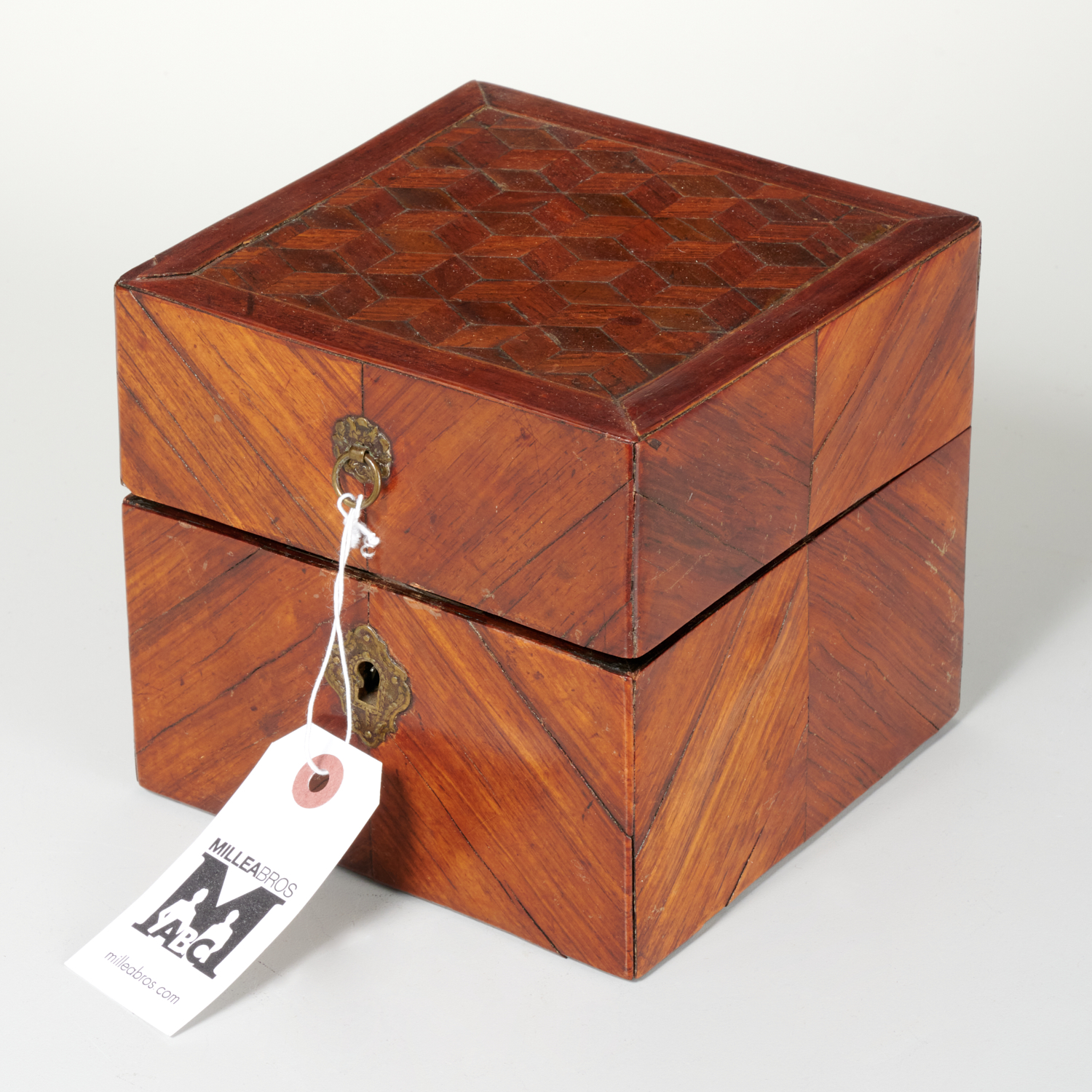 Appraisal: ANTIQUE PARQUETRY VANITY PERFUME BOX th c hinged box with