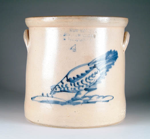 Appraisal: FOUR GALLON STONEWARE CROCK WITH PECKING CHICKEN Open top crock