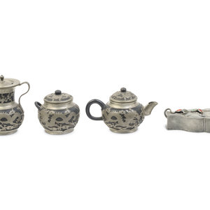 Appraisal: Four Chinese Pewter and Pewter Mounted Articles comprising a double