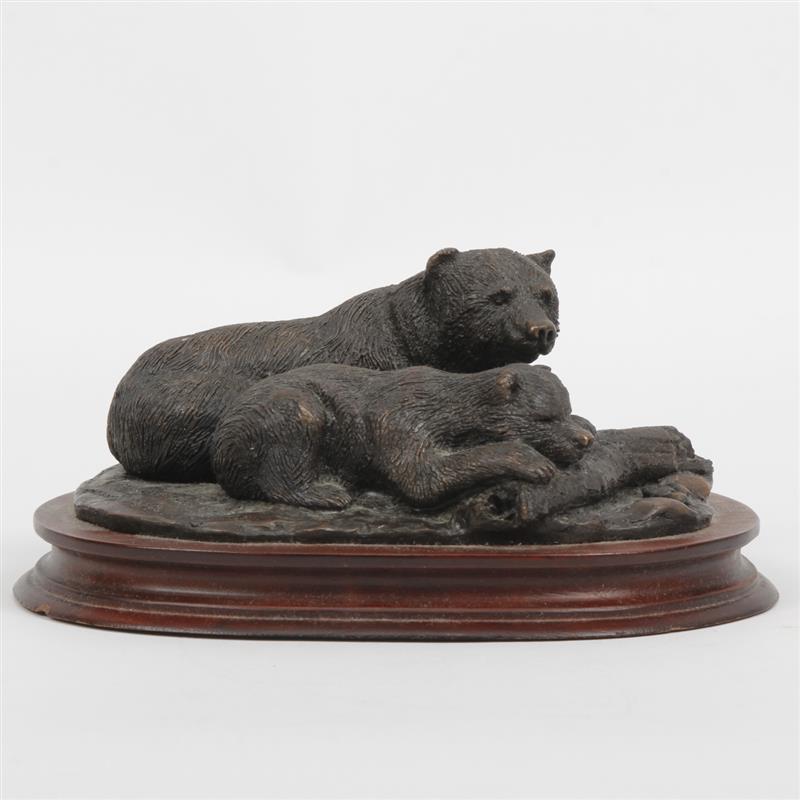 Appraisal: A Watchful Eye cast bronze figure group of mother bear