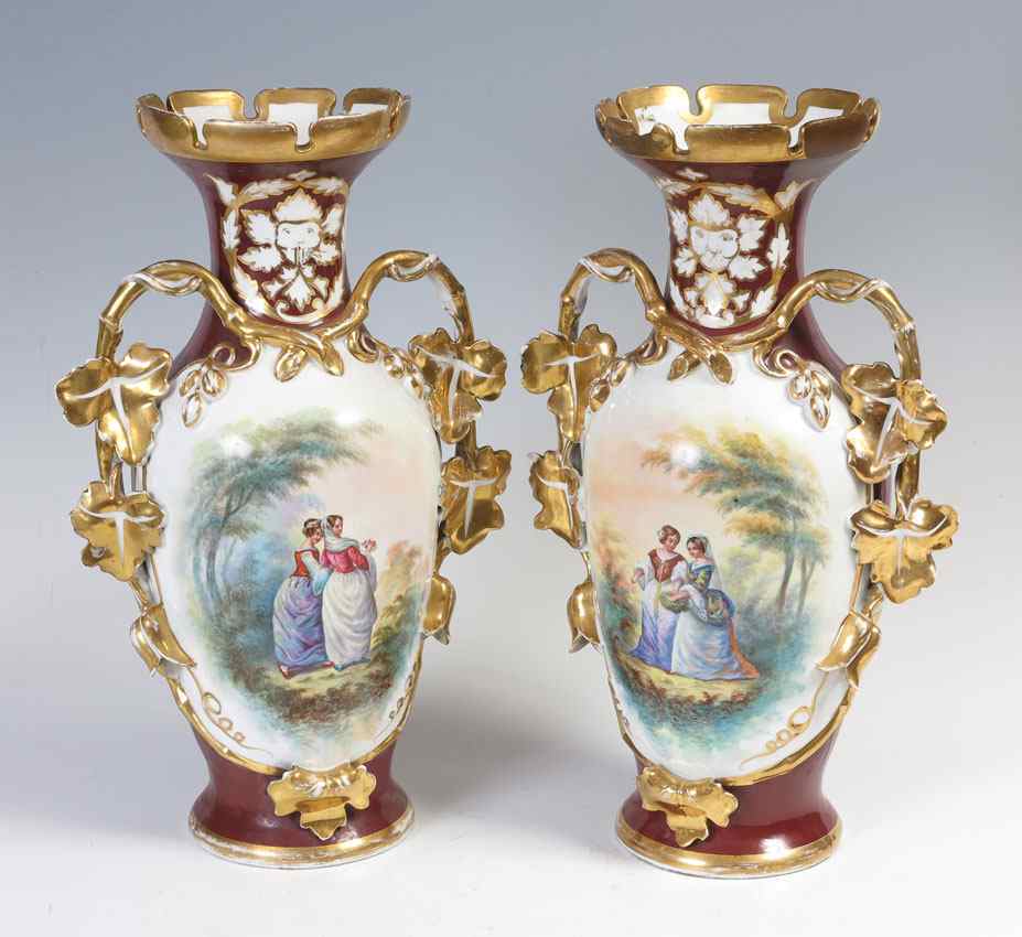 Appraisal: PAIR OLD PARIS FRENCH PORCELAIN VASES '' tall each with