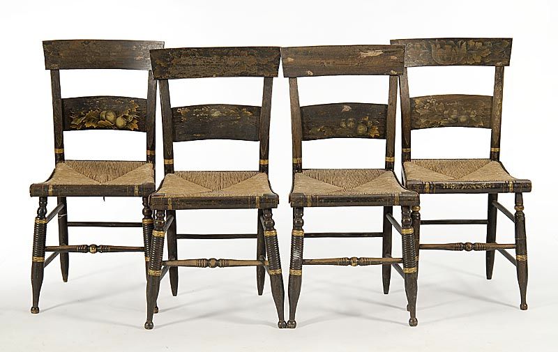 Appraisal: FOUR CIRCA 'S AMERICAN RUSH-SEAT SIDE CHAIRS Original paint shows