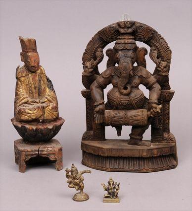 Appraisal: INDIAN CARVED WOOD GANESH FIGURE Together with two Indian gilt-metal