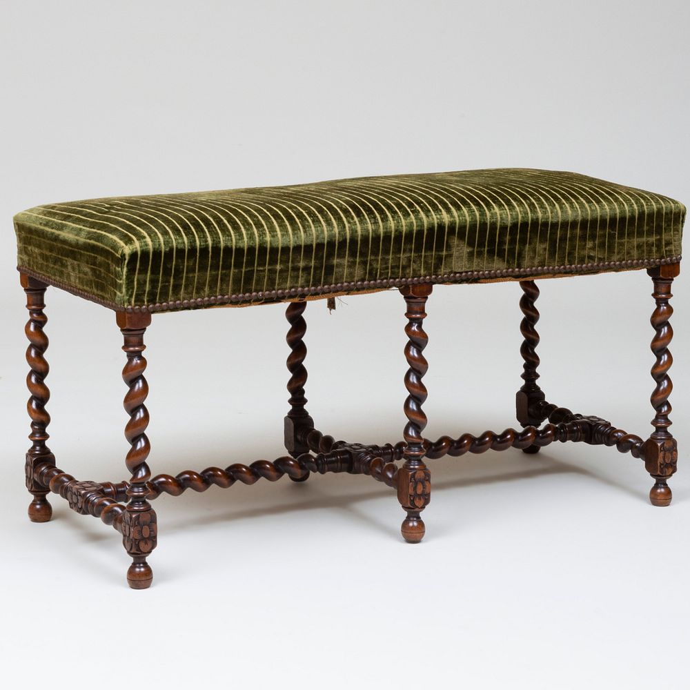 Appraisal: William and Mary Style Mahogany Bench with Green Velvet Upholstery