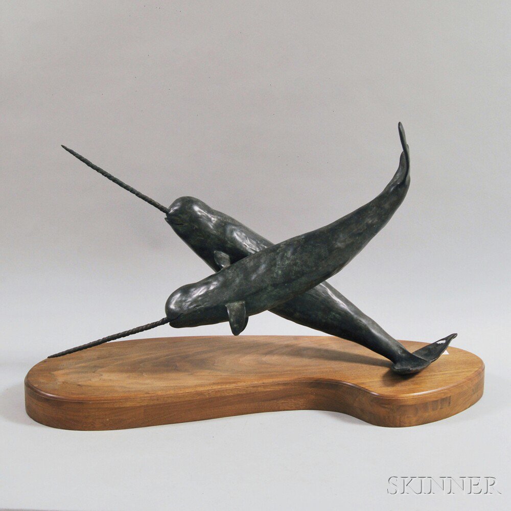 Appraisal: Bronze Sculpture of Two Narwhals th century signed indistinctly on