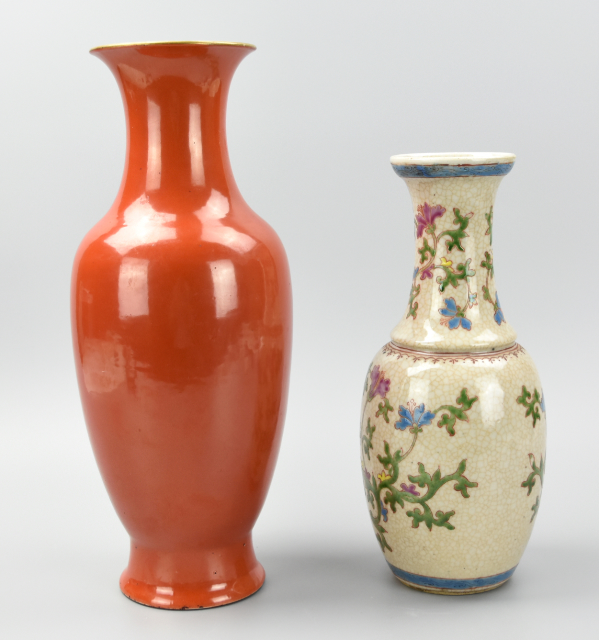 Appraisal: TWO CHINESE VASES CORAL RED GE GLAZE - TH C