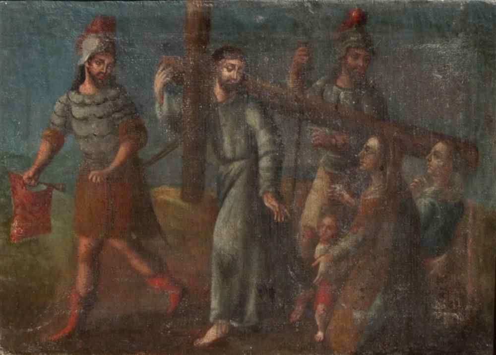 Appraisal: SOUTH AMERICAN SCHOOL CHRIST BEARING THE CROSS Oil on canvas