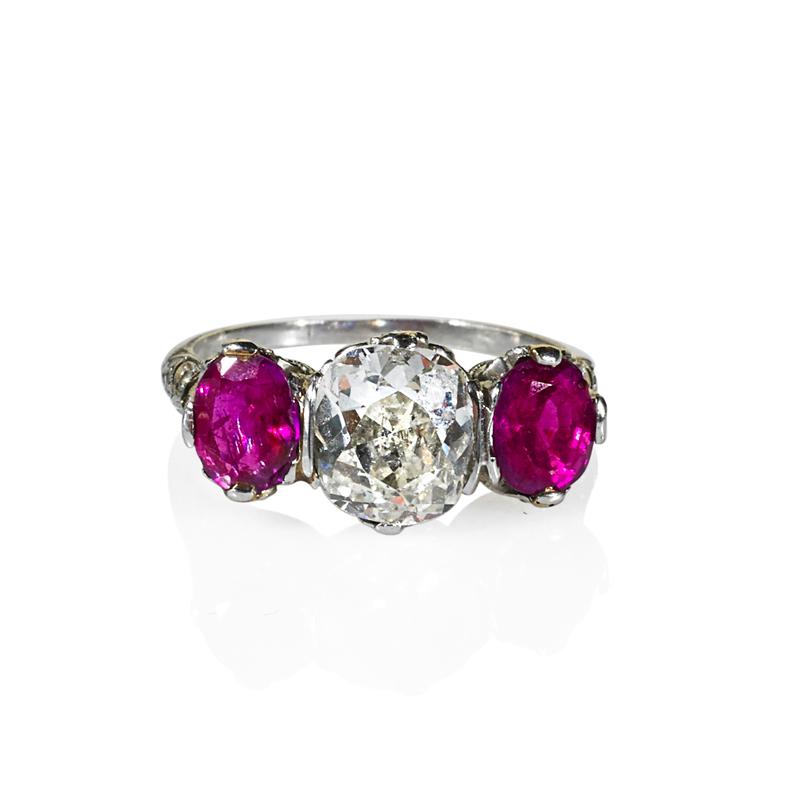 Appraisal: EDWARDIAN DIAMOND AND RUBY THREE STONE RING Old cushion cut