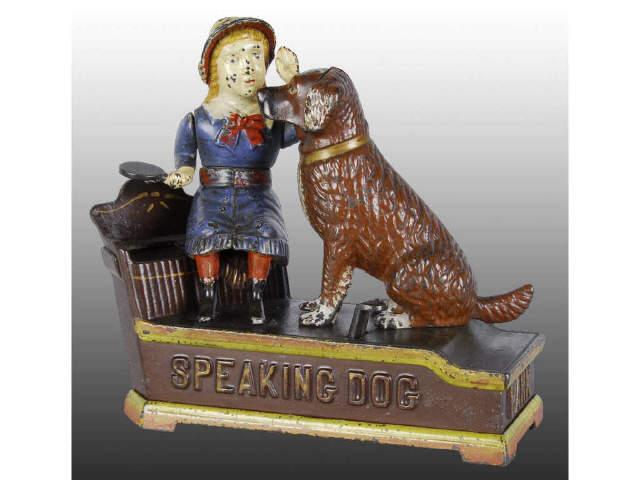 Appraisal: Cast Iron Speaking Dog Mechanical Bank Description -D Blue Dress