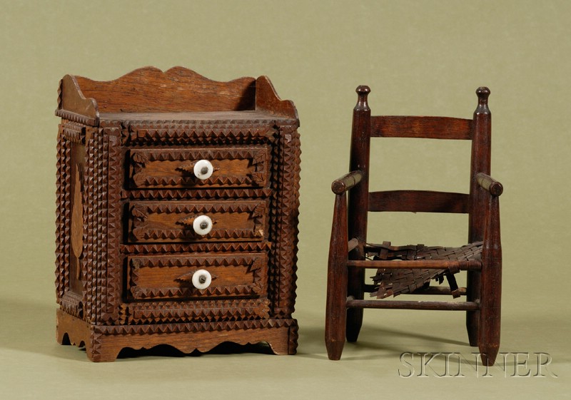 Appraisal: American Country Ash Doll Armchair and a Miniature Tramp Art