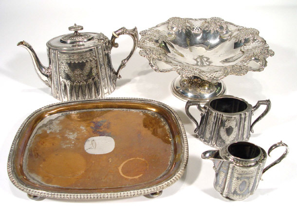 Appraisal: Silver plated tazza with pierced decoration rectangular silver plated tea