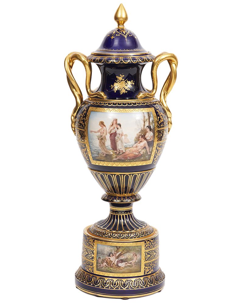 Appraisal: Dresden Porcelain Cobalt Gilt Lidded Urn Dresden Germany porcelain cobalt