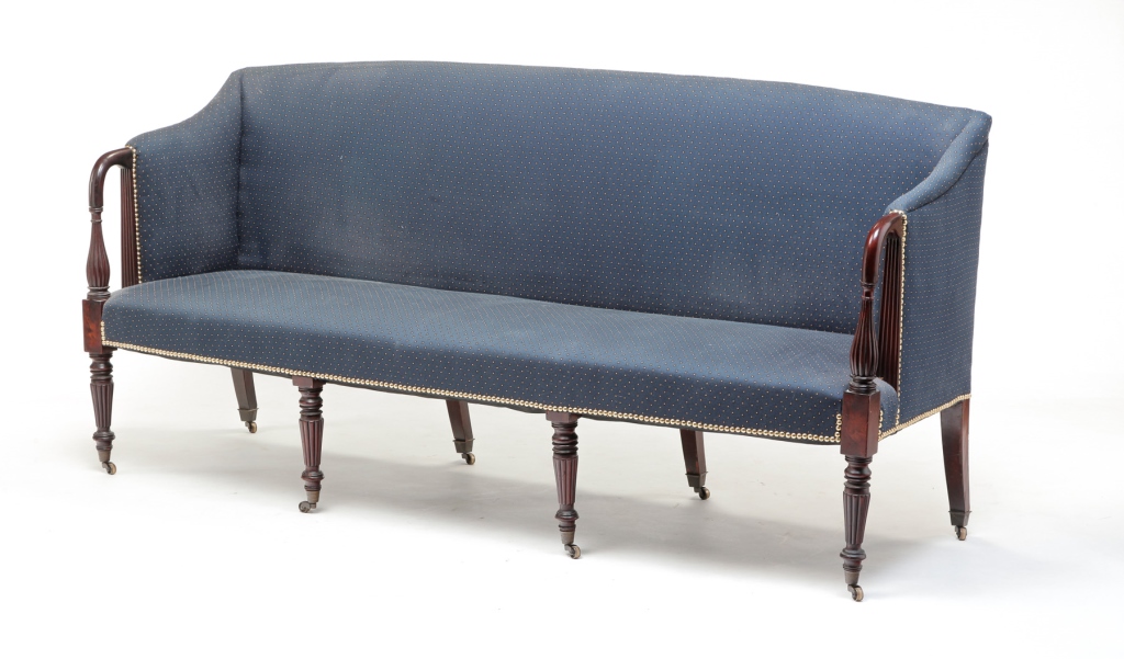 Appraisal: Ca s mahogany Reeded posts and front legs Reupholstered in