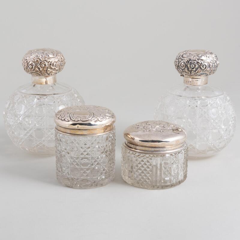 Appraisal: Group of English Silver Mounted Cut Glass Toilette Articles Various