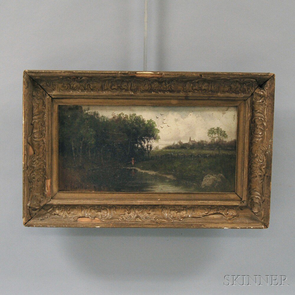 Appraisal: American School th th Century Pastoral Landscape with Fisherman Signed