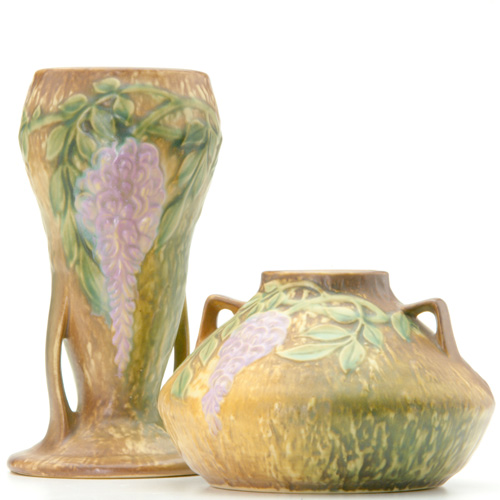 Appraisal: ROSEVILLE Two Brown Wisteria vases one squat the other gourd-shaped