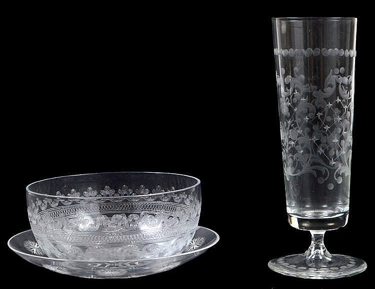 Appraisal: ASSOCIATED GROUP OF ETCHED COLORLESS GLASS TABLE ITEMSComprising finger bowls