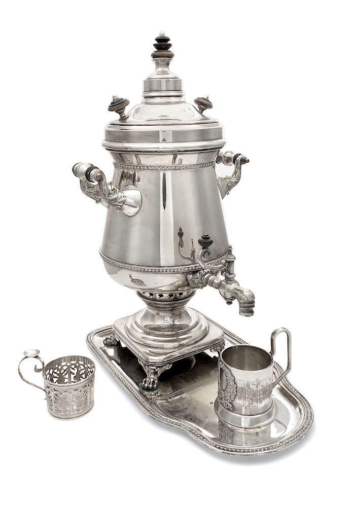 Appraisal: A Russian Silver-Plate Samovar and Tray Height A Russian Silver-Plate